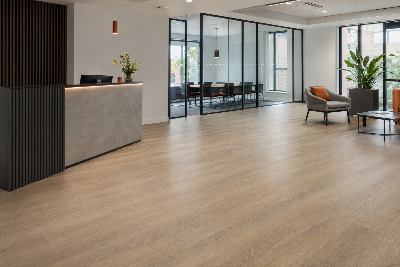 Commercial LVT flooring in a modern office reception area