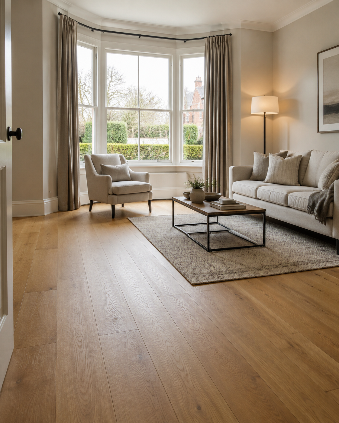 Oak plank flooring in a bright living room with a bay window, sofa and armchair