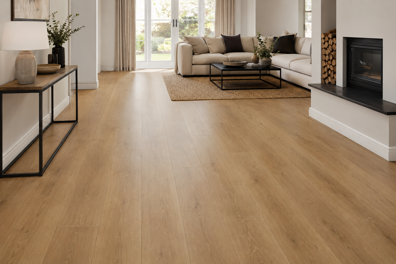 Laminate flooring in a bright modern living room