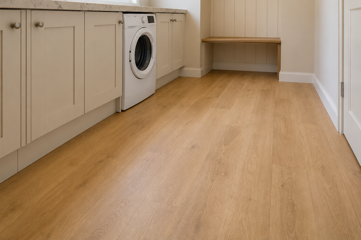 Oak-effect vinyl flooring in a bright utility room with cream shaker cabinets