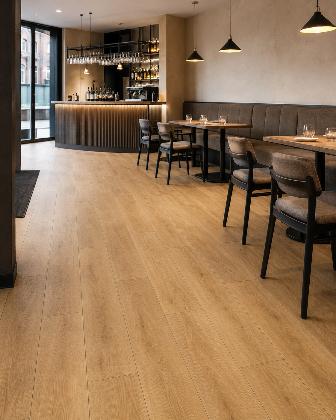 Wood-effect commercial flooring installed throughout a modern restaurant with bar seating